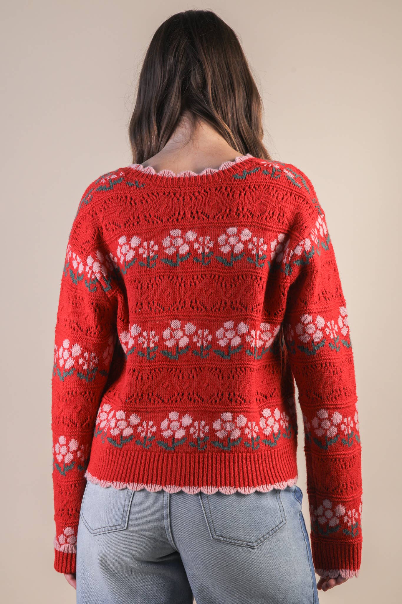 Floral Knit Sweater Cardigan in Red