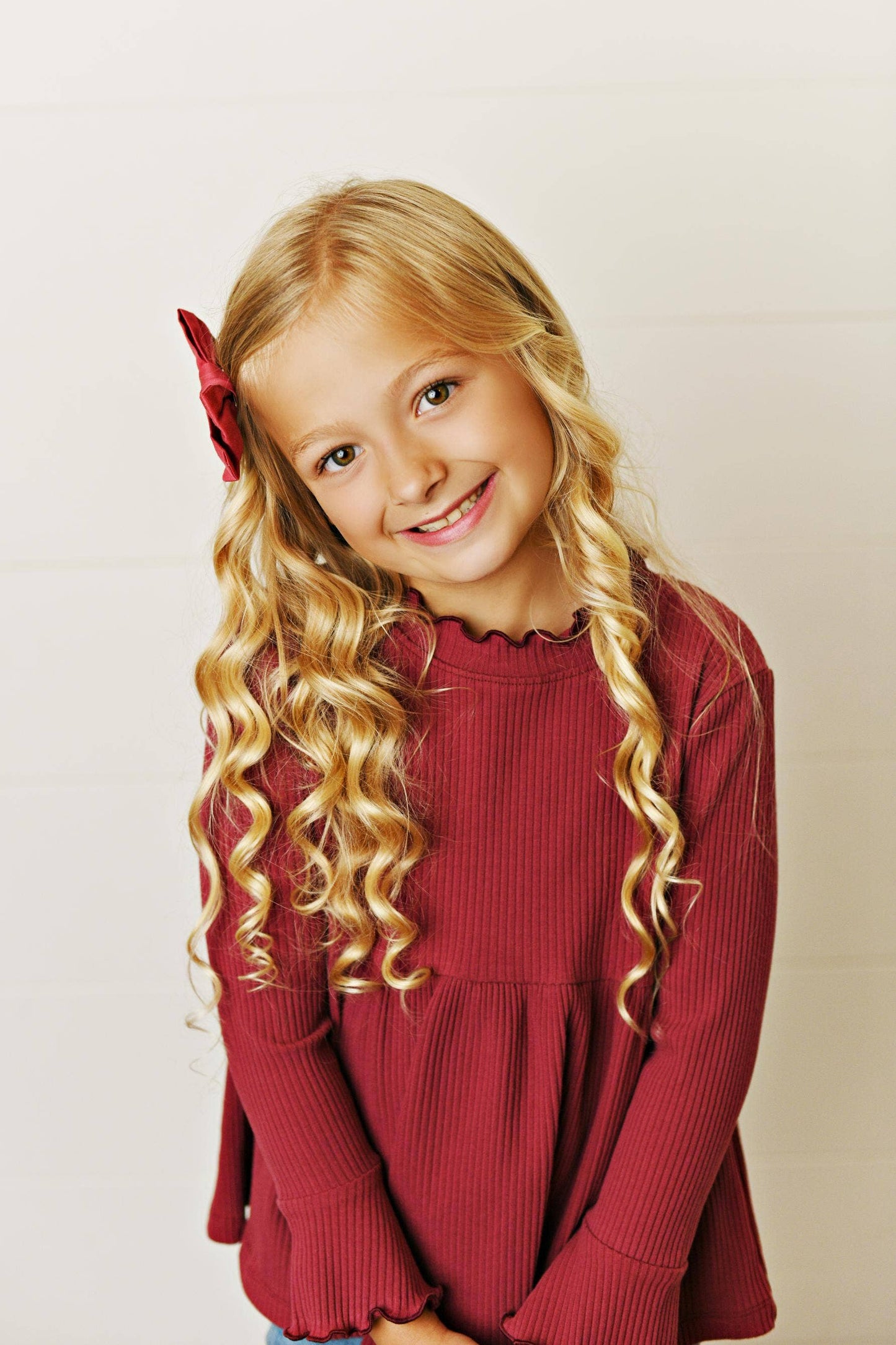 Kids Burgundy Long Sleeve Lettuce Trim Ribbed Shirt