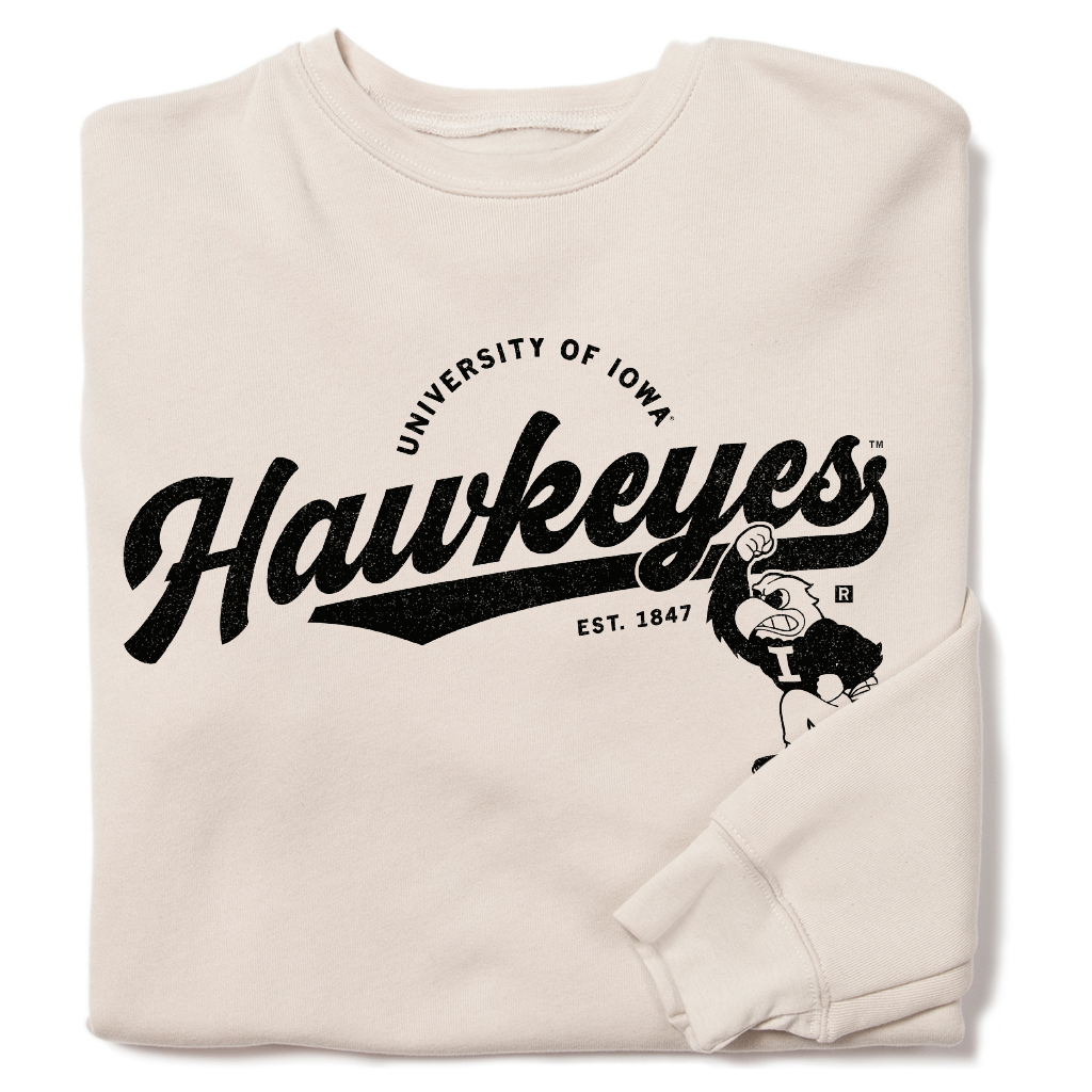 Hawkeyes Script Logo Crew Sweatshirt in Heather Dust by Raygun
