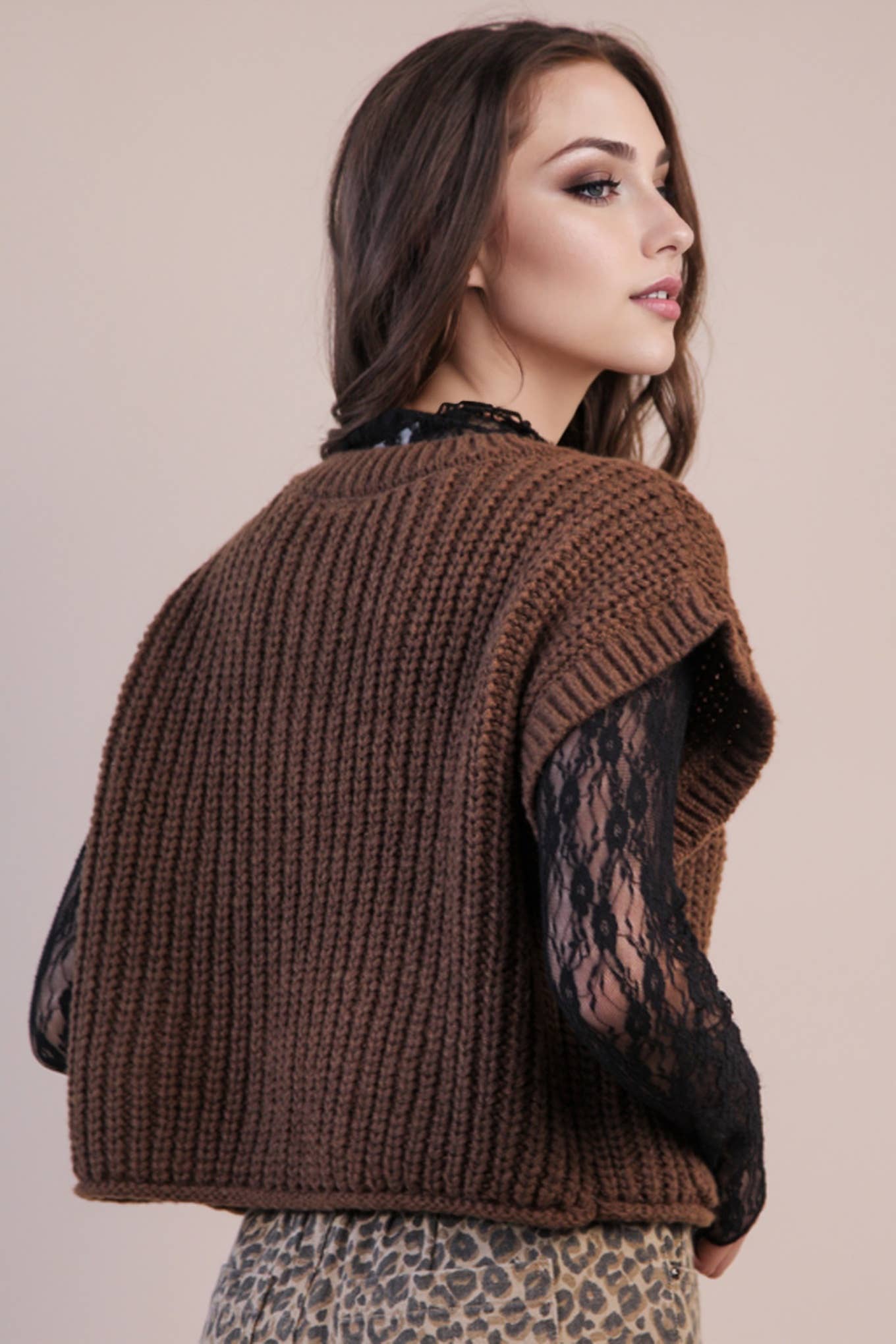 Oversized Button Down Knit Sweater Top in Chocolate