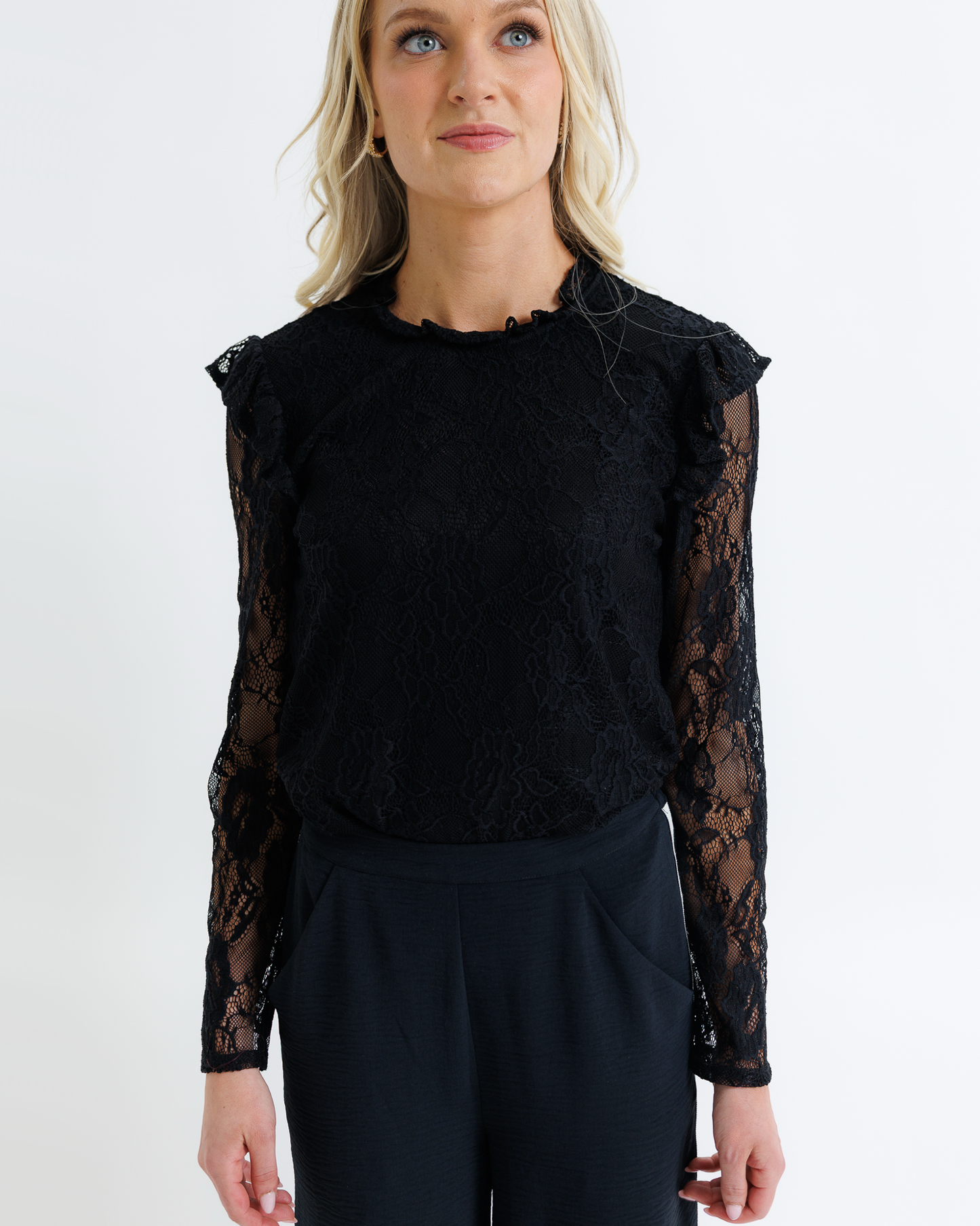 Robyn Black Lace Long Sleeve Ruffled Top by Downeast