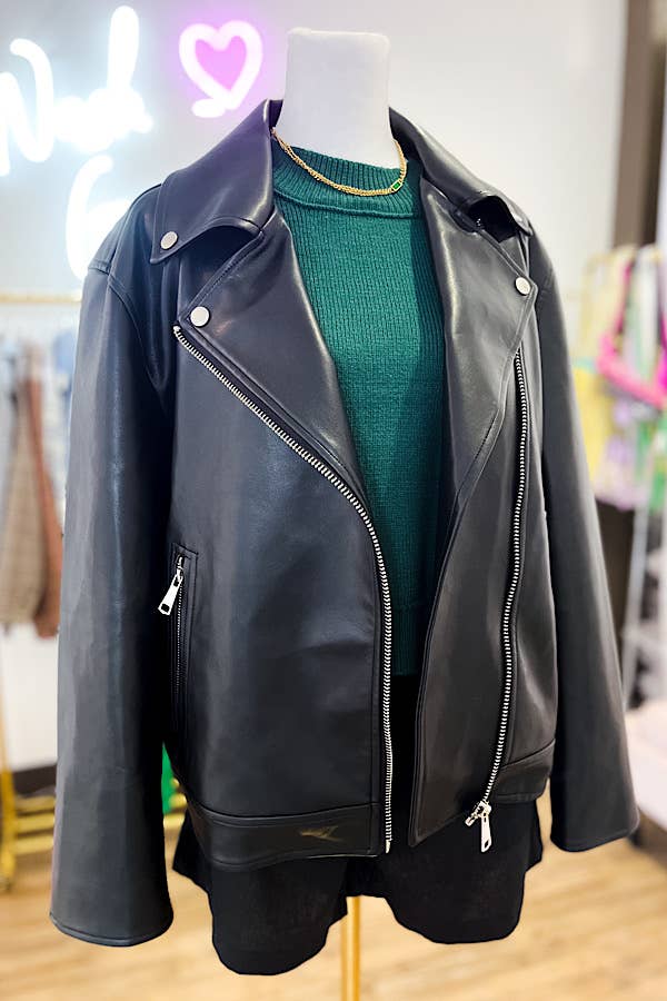 Motto Style Vegan Leather Jacket in Black