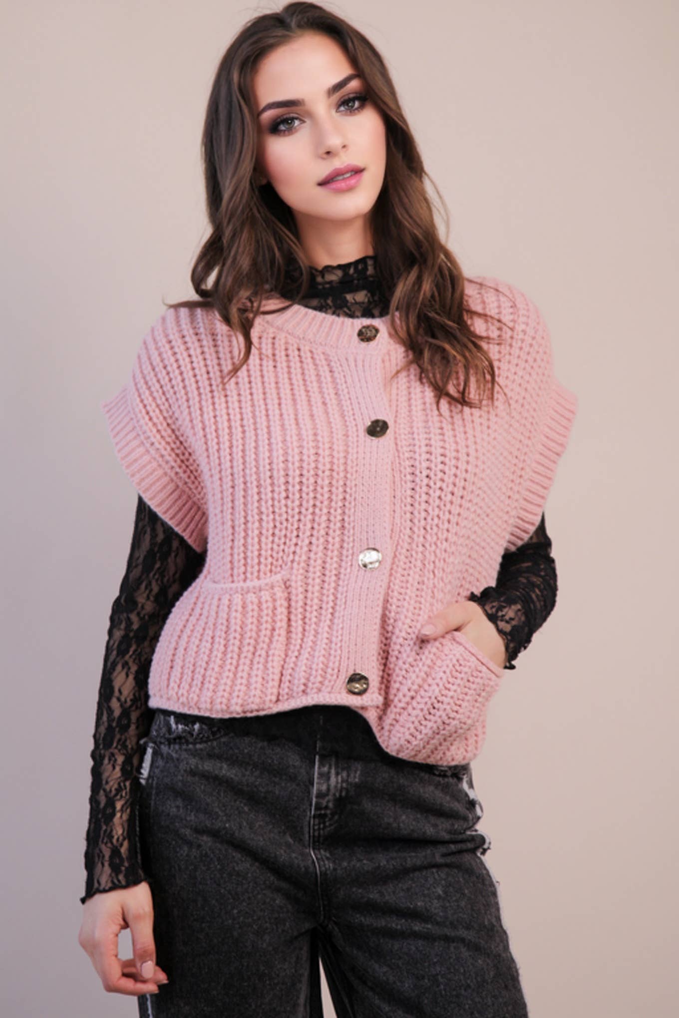 Oversized Button Down Knit Sweater Top in Blush