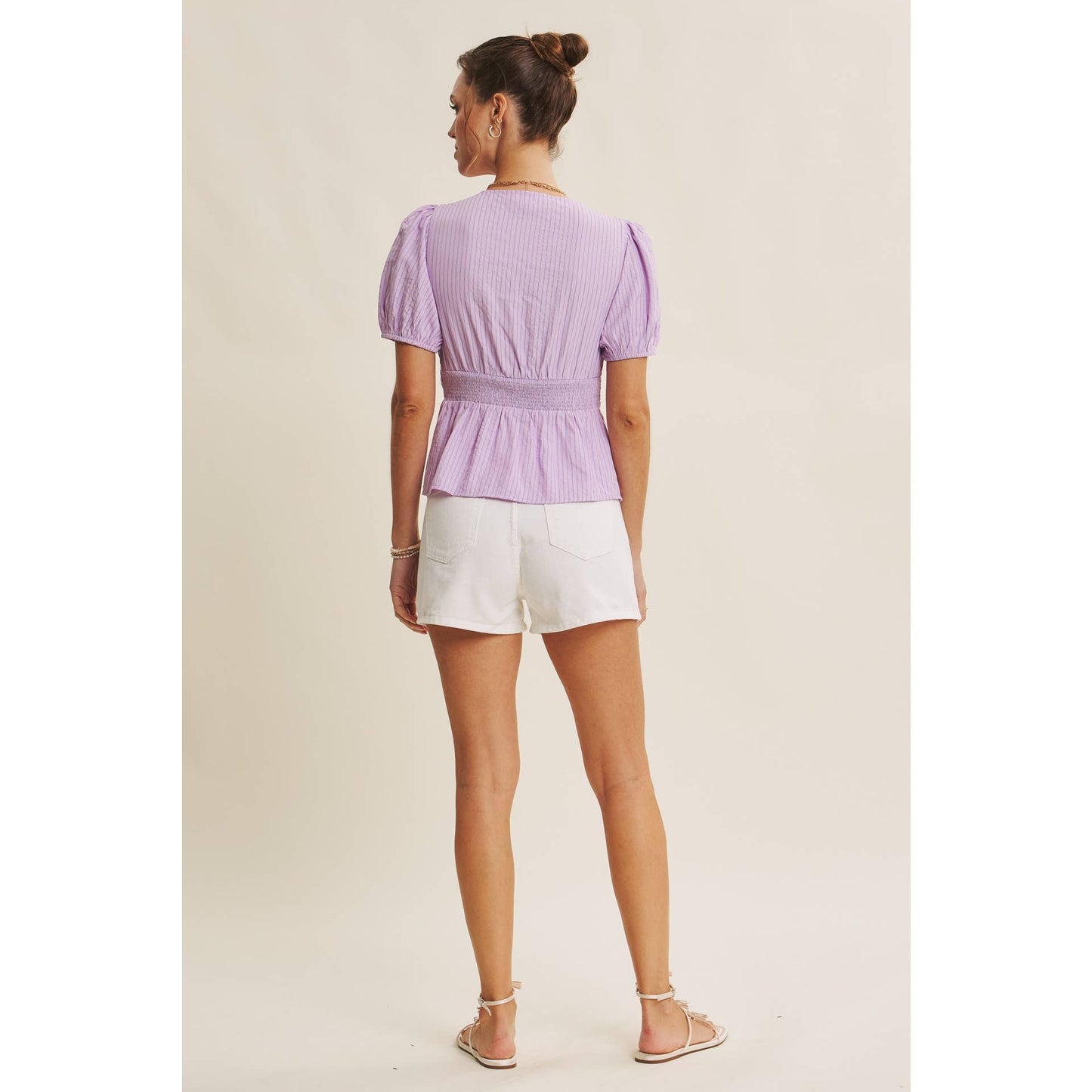 Sunny Front Knotted Babydoll Blouse with Puff Sleeves in Lavender