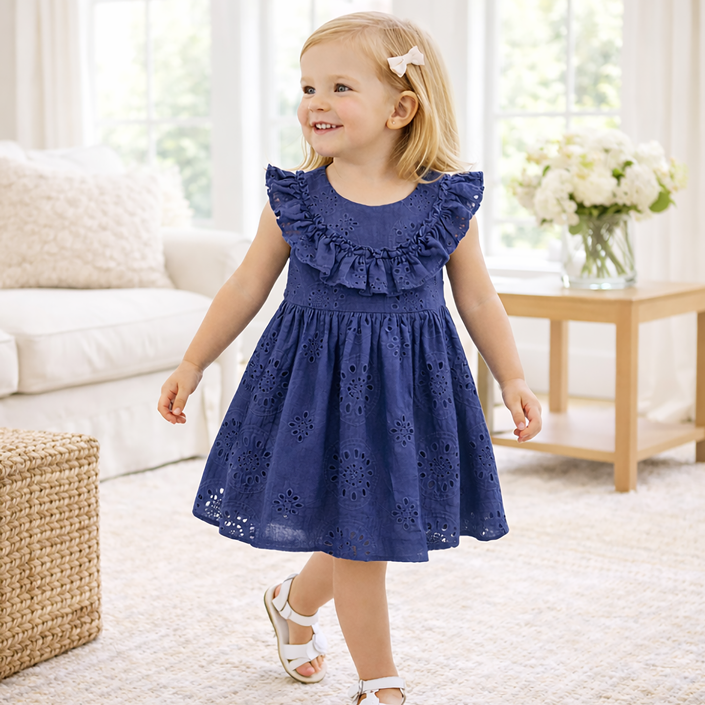 Girls' Eyelet Ruffle Dress - Cotton Blue Embroidered