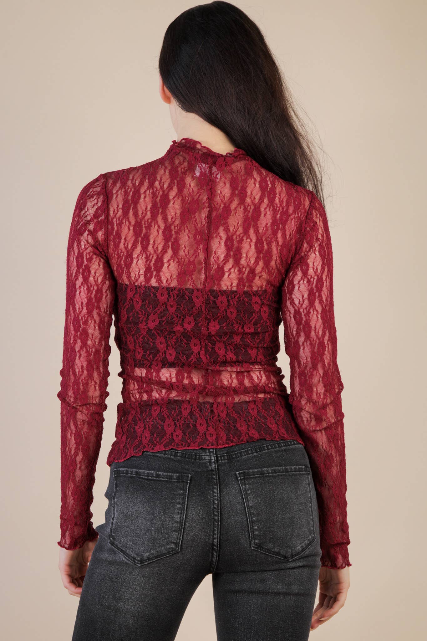 High Neck Fitted Sheer Mesh Lace Knit Top in Wine