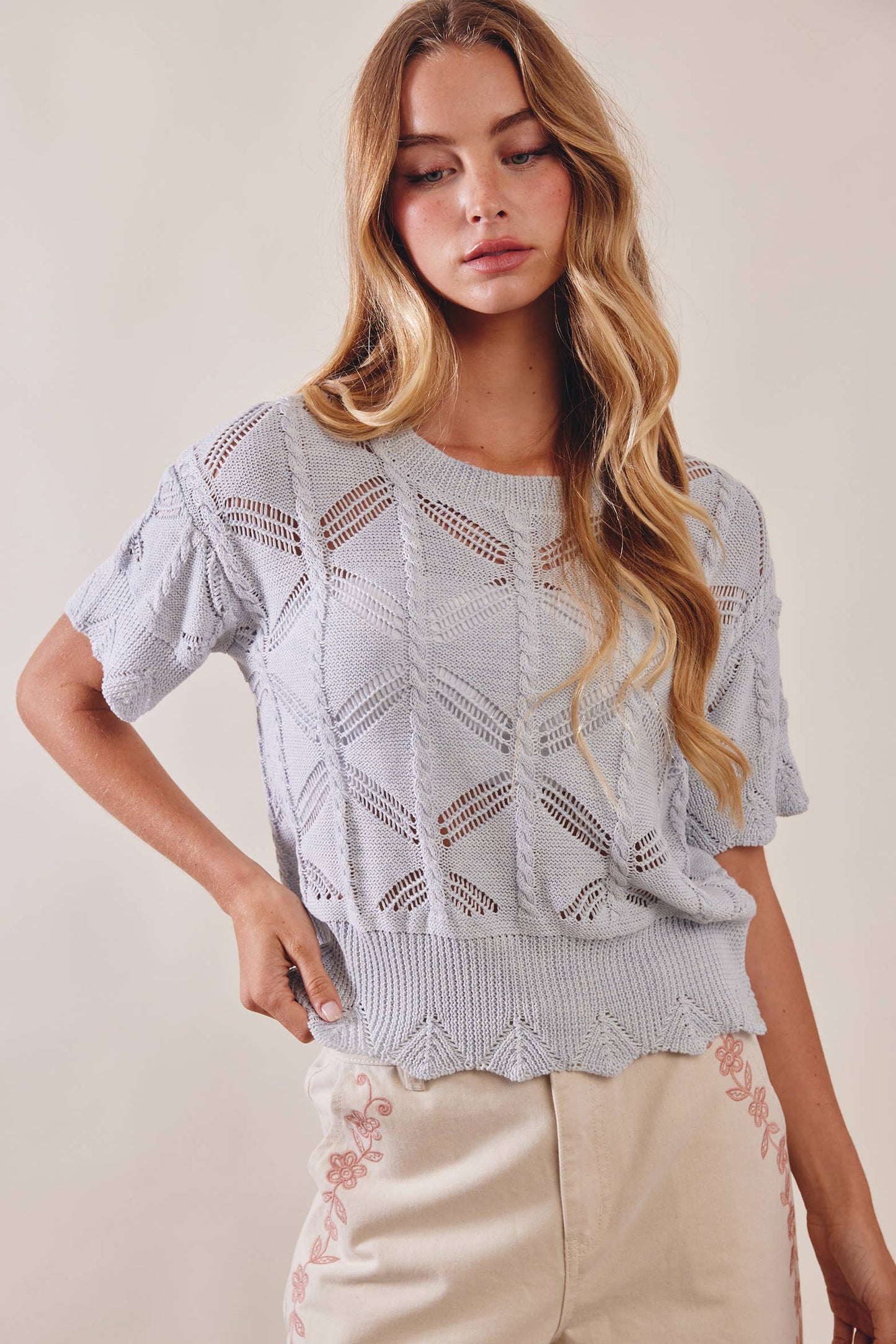 Edna Pointelle Short Sleeve Knit Top in Cloud