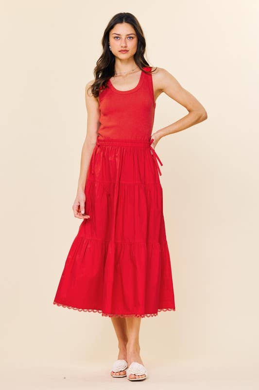Sleeveless Knit Tank Poplin Skirt Dress in Red