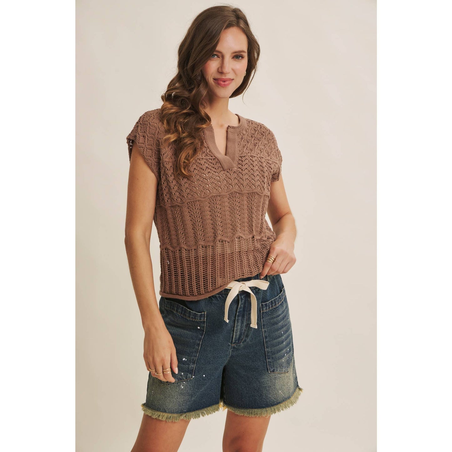 Ophelia Knit Pointelle Crochet Sweater in Mocha