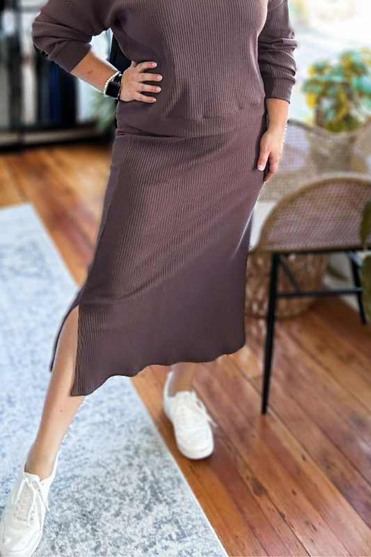 The Alessia Ribbed Midi Skirt in Chocolate Brown