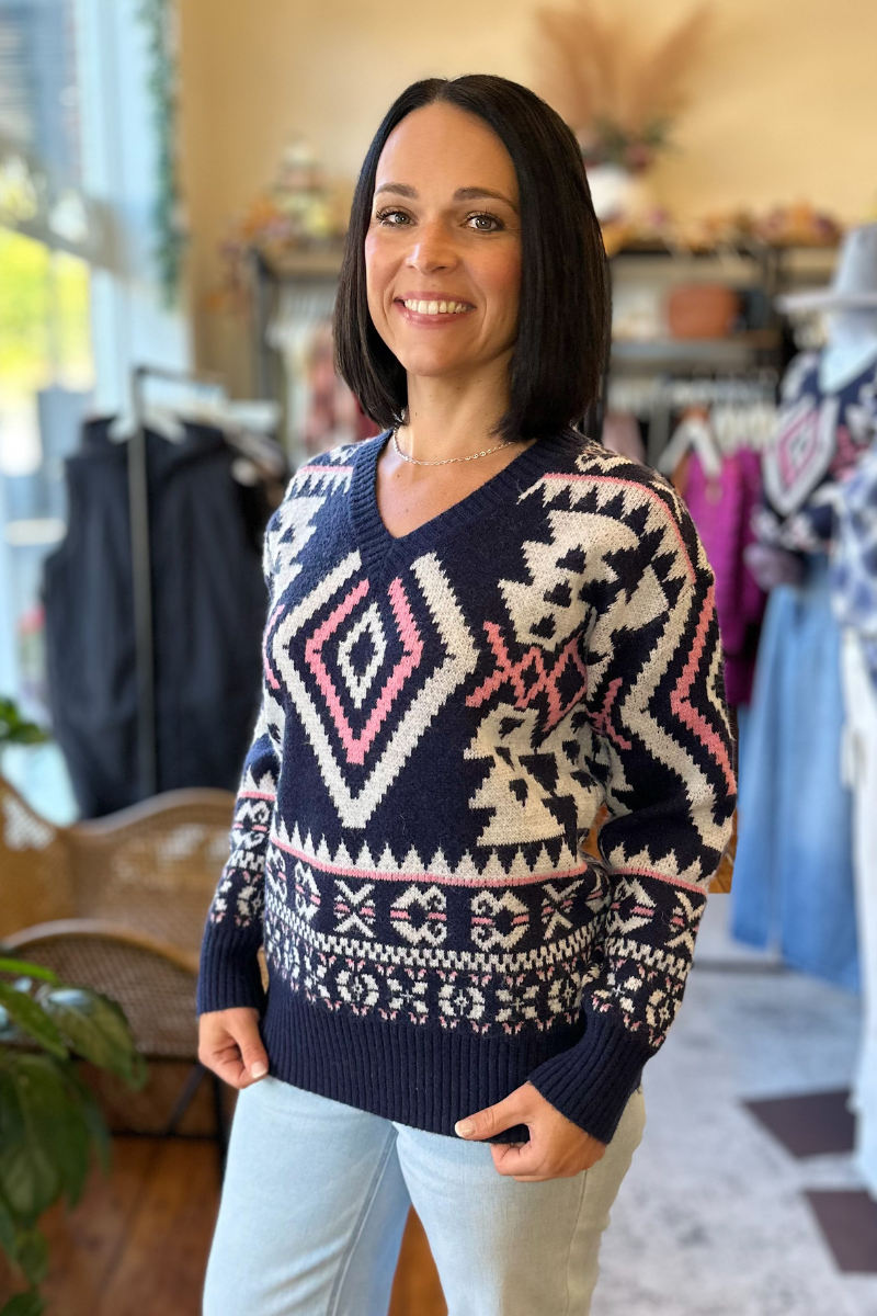 Aztec Pattern Sweater -Navy