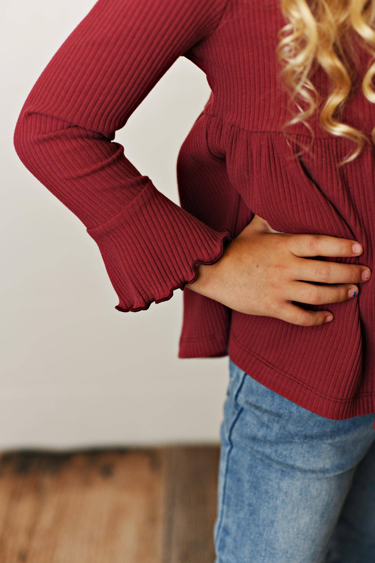 Kids Burgundy Long Sleeve Lettuce Trim Ribbed Shirt
