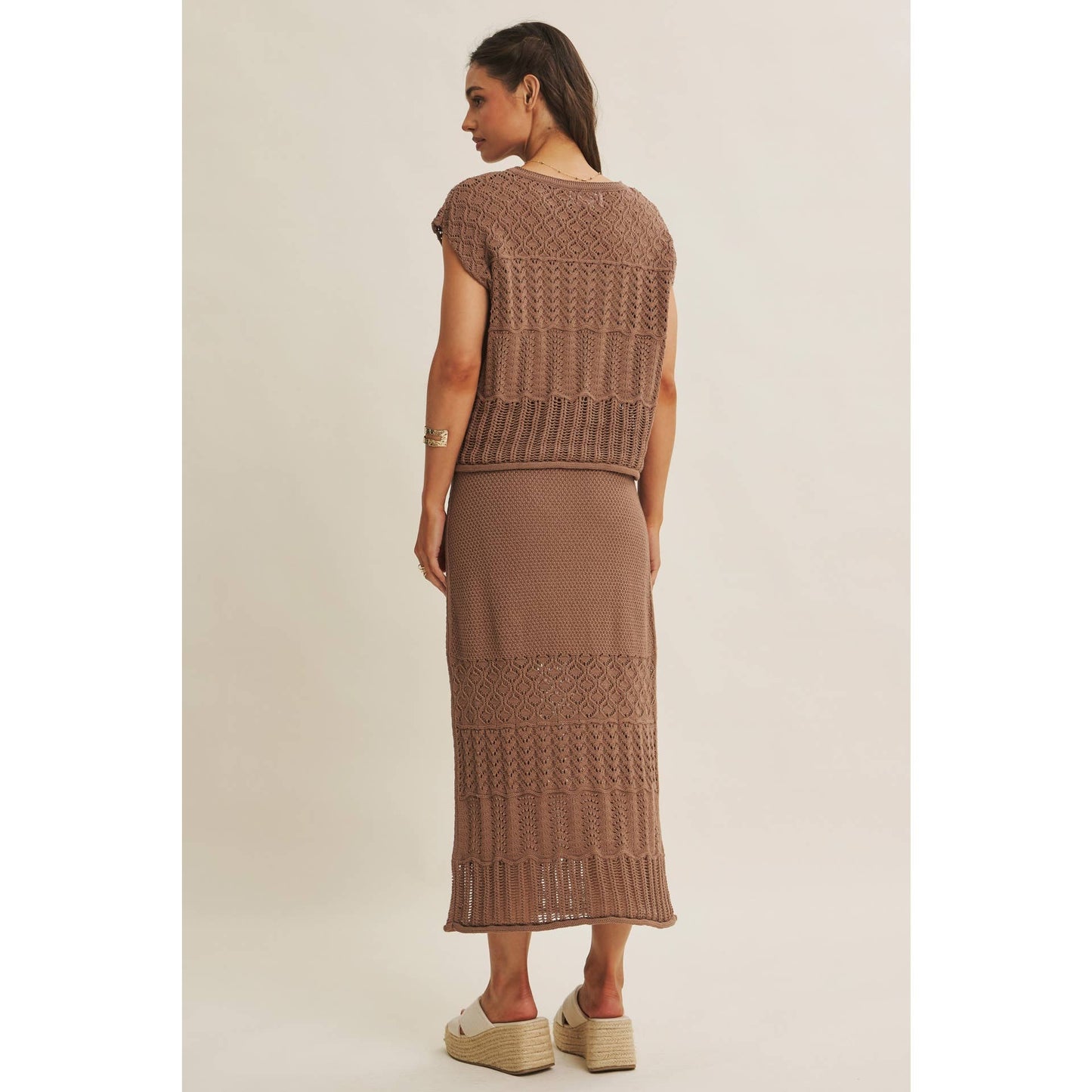 Ophelia Knit Pointelle Crochet Sweater in Mocha