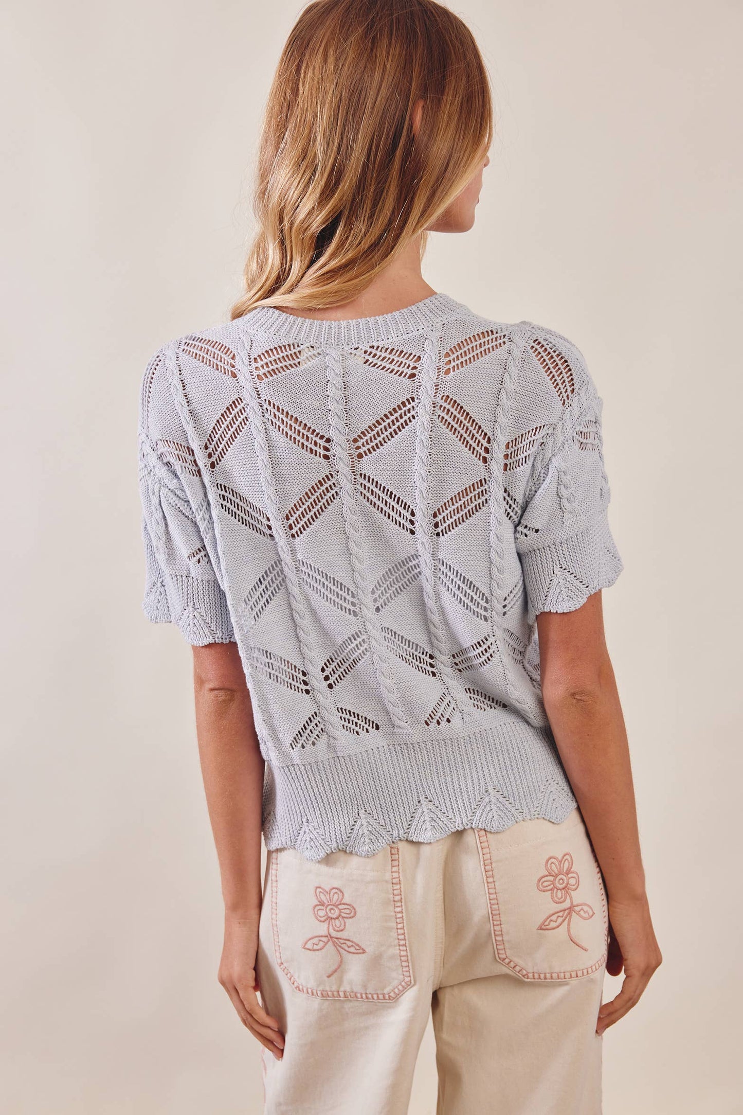 Edna Pointelle Short Sleeve Knit Top in Cloud
