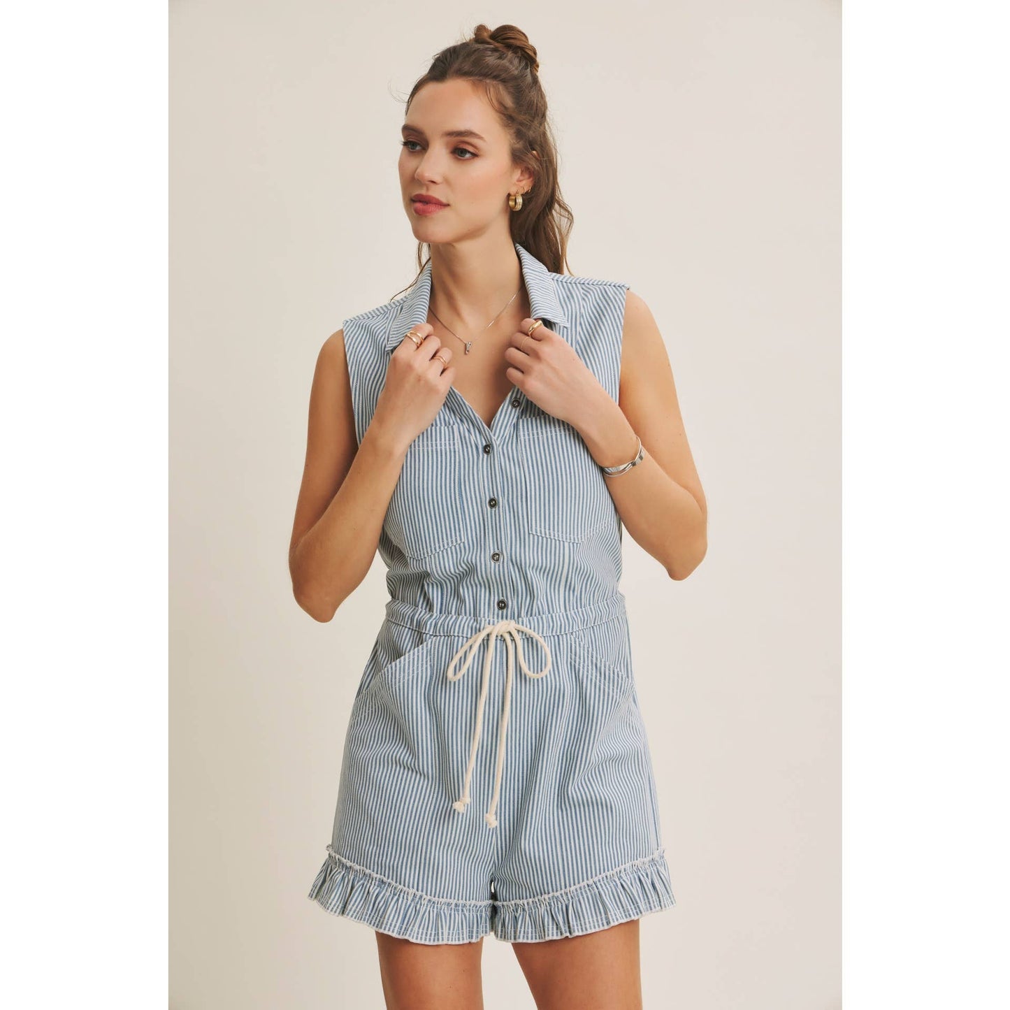 Cotton Stripe Button Romper