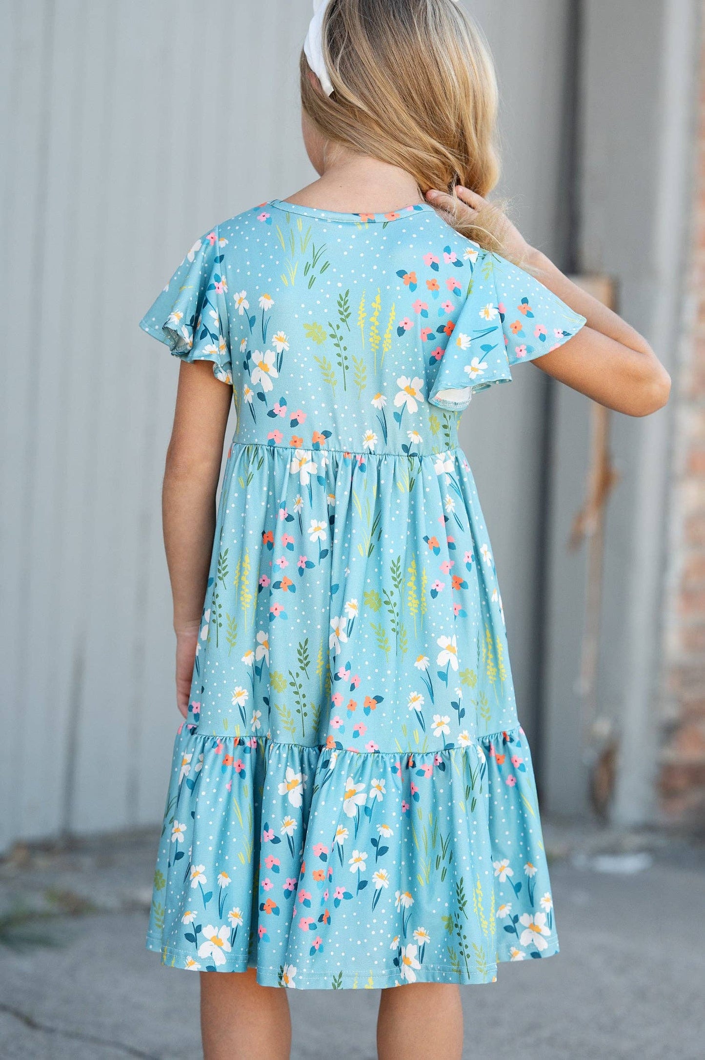 Girls Emma Teal Spring Willow Floral Flutter Sleeve Dress