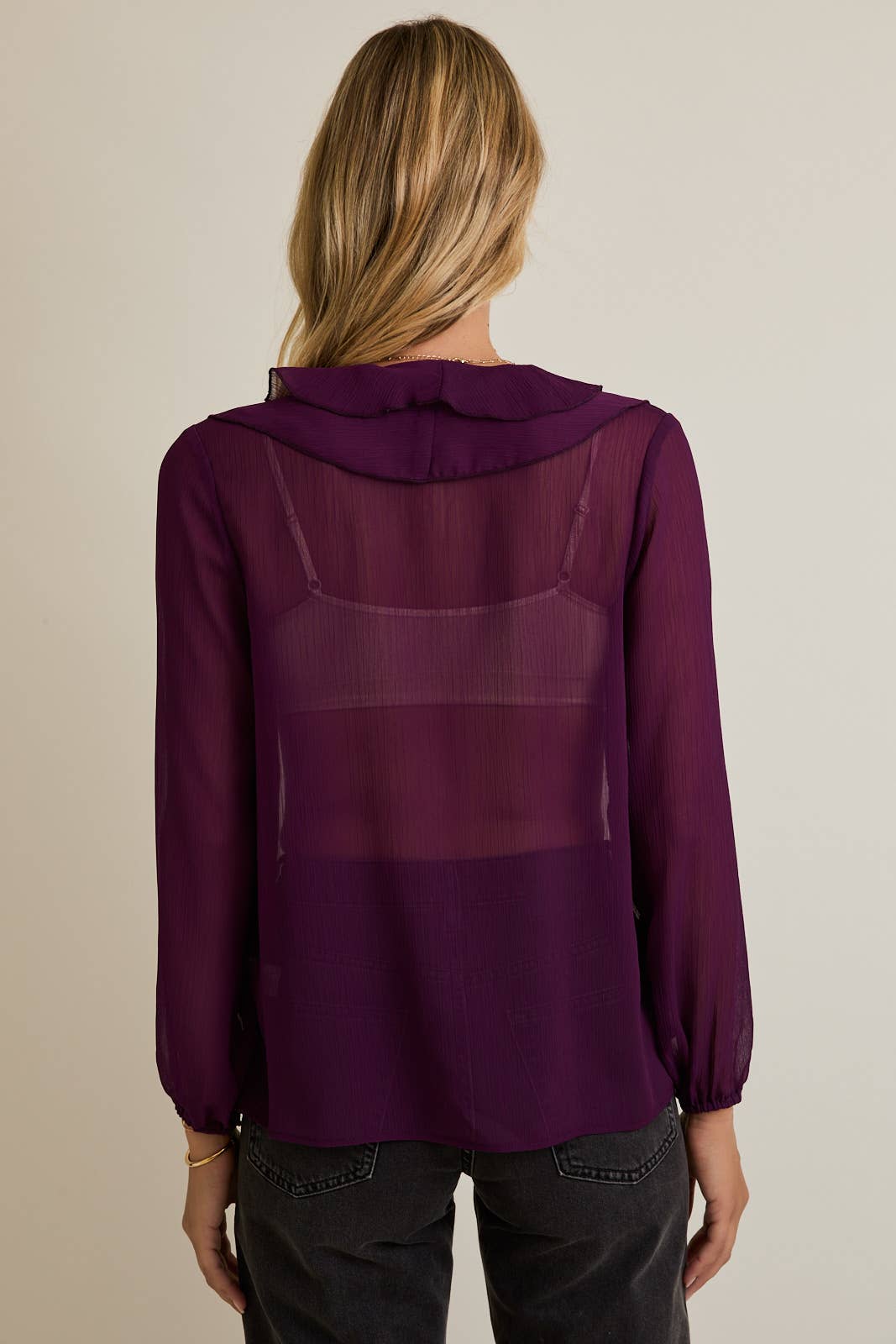 Sloane Ruffle V-Neck Long Sleeve Top in a rich Raisin hue