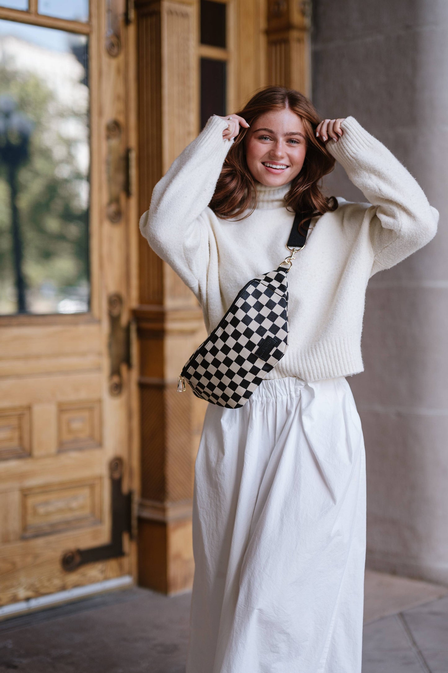 Avril Patterned Oversized Belt Bag: Checkmate