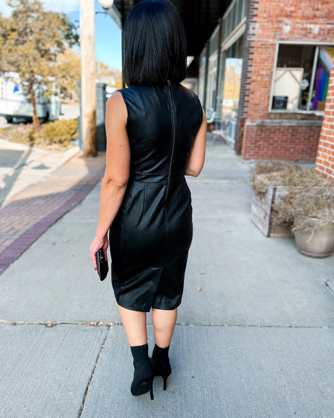 SPANX Women's Black Leather Like Sleeveless Mixed Media Sheath Dress