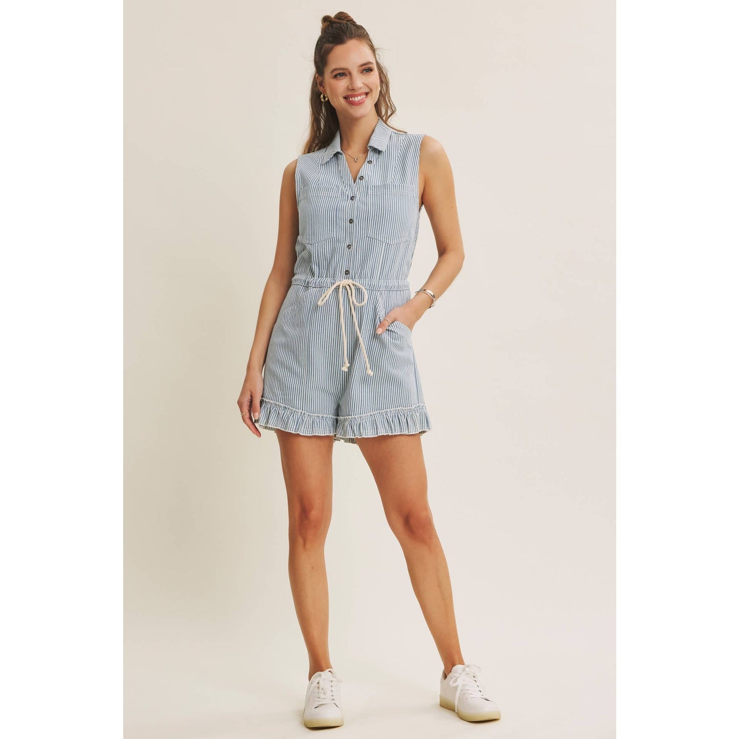 Cotton Stripe Button Romper