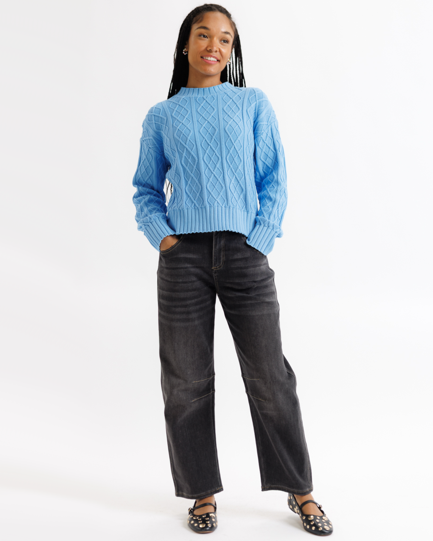 Cable Knit Crew in Azure Blue by Downeast
