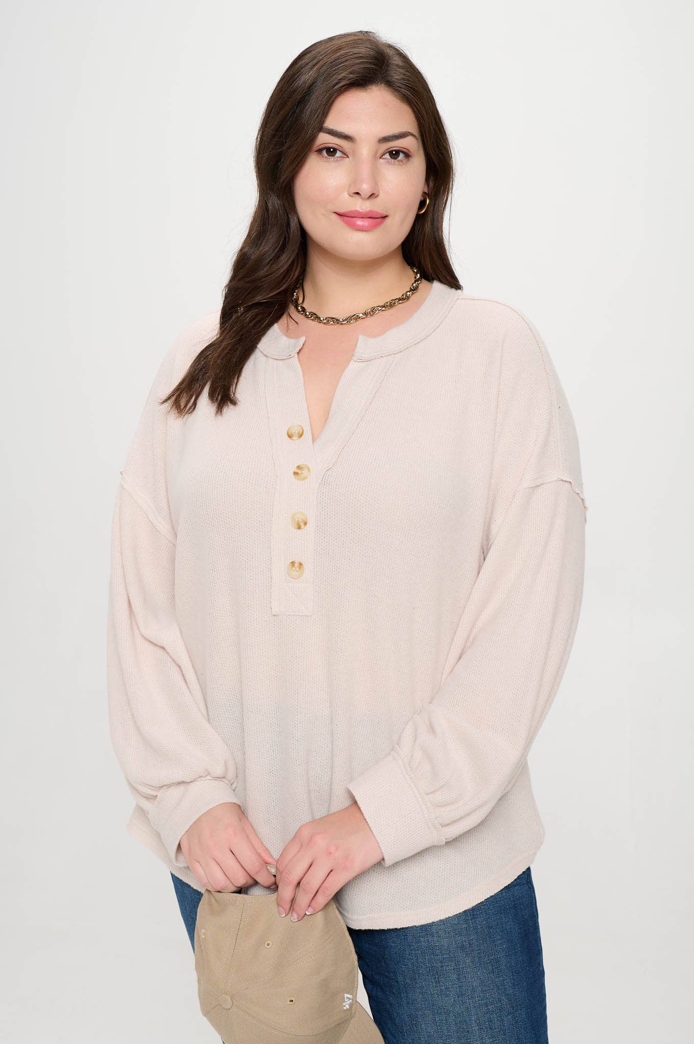 Half Button Long Sleeve Knit Top in Oatmeal (Plus Size)