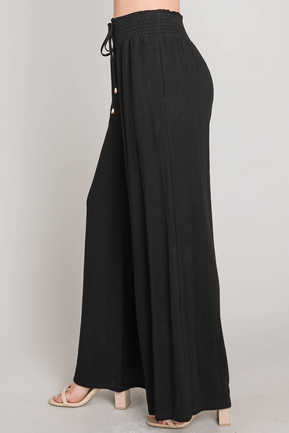 Soft Linen Smocked Waist Wide Leg Pants in black