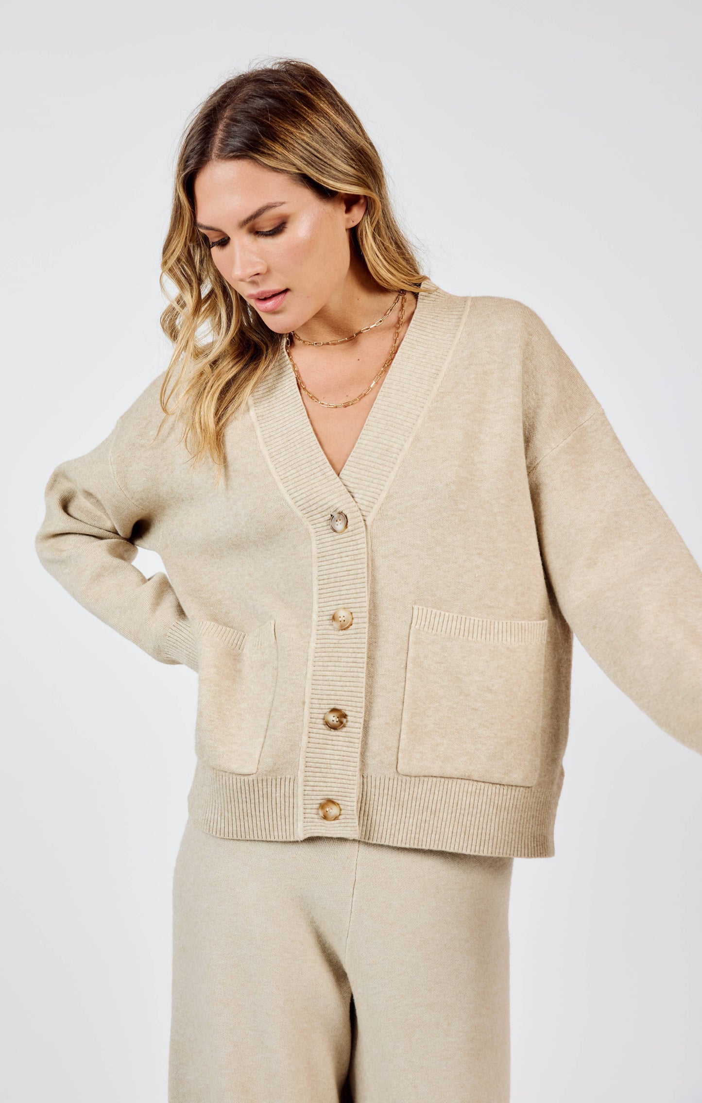 Kelsie Button Front Cardigan in Stone