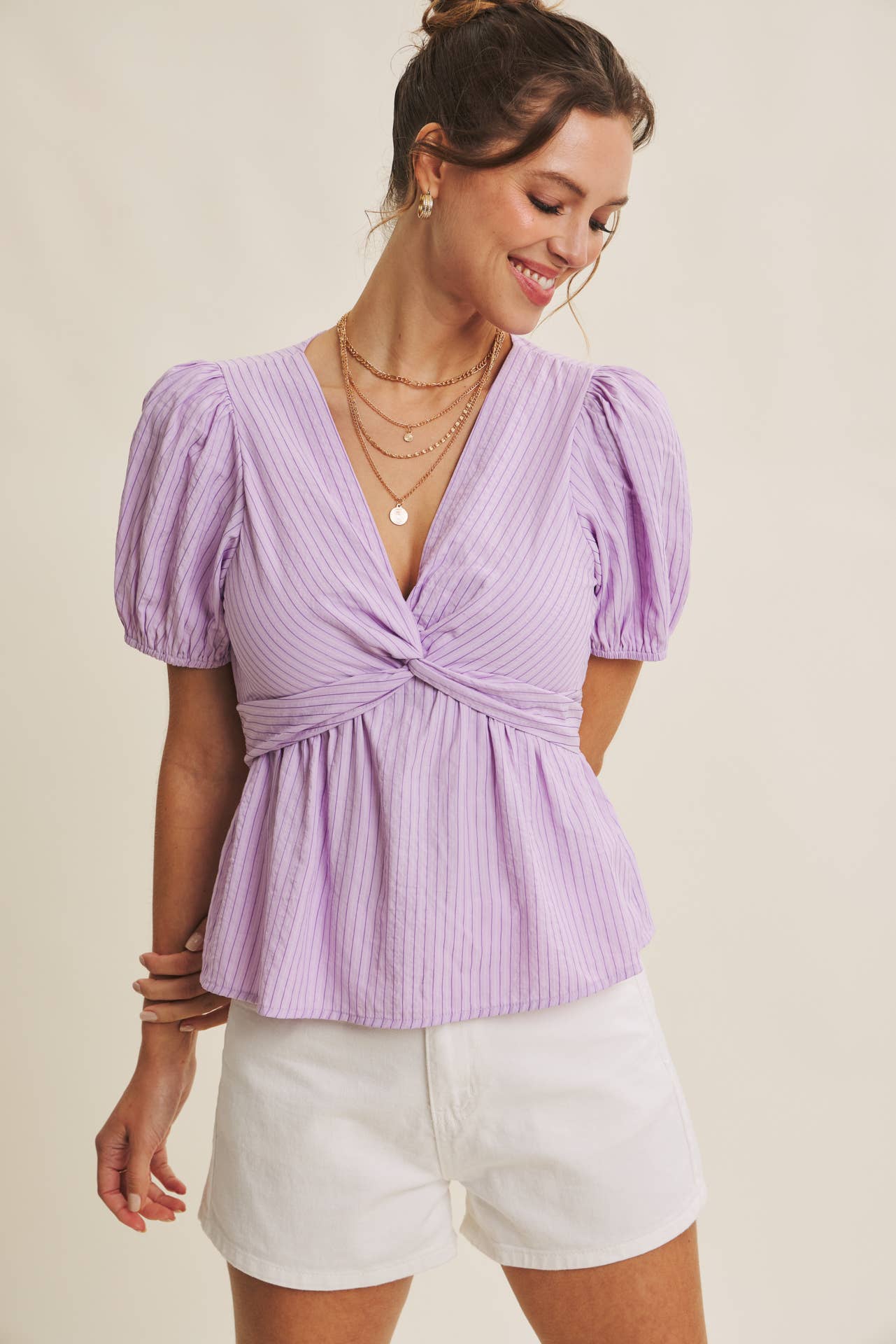 Sunny Front Knotted Babydoll Blouse with Puff Sleeves in Lavender