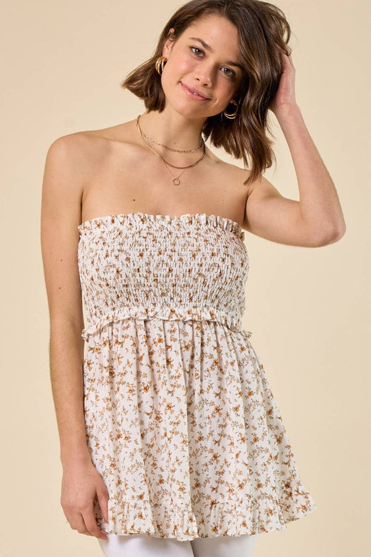 Zara Ditsy Smocked Tube Top in Caramel