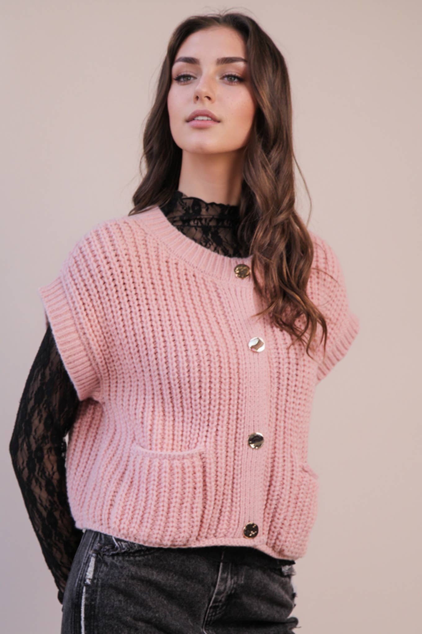 Oversized Button Down Knit Sweater Top in Blush