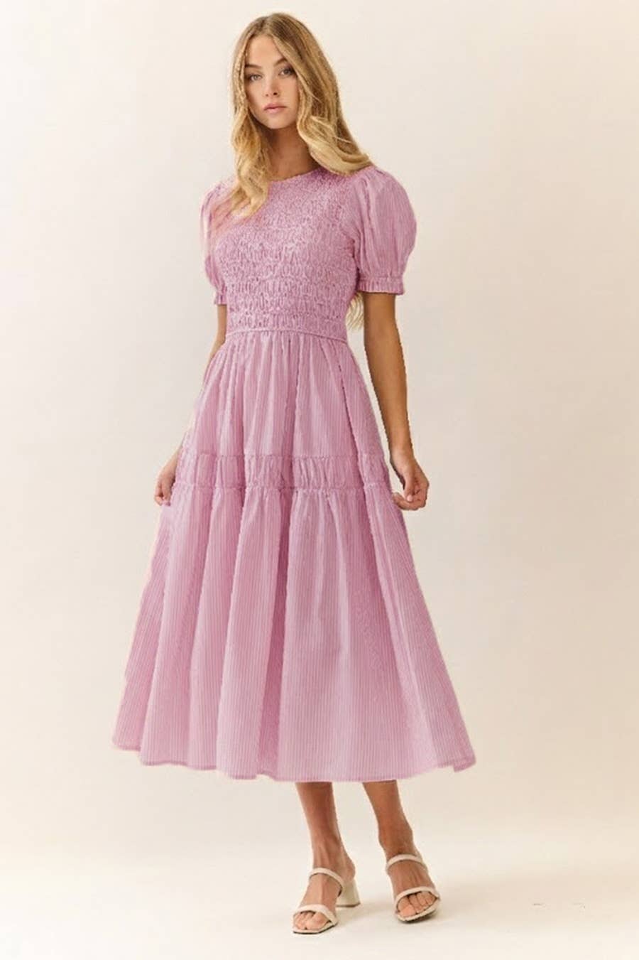 Smocked Bodice Midi Dress in Mauve