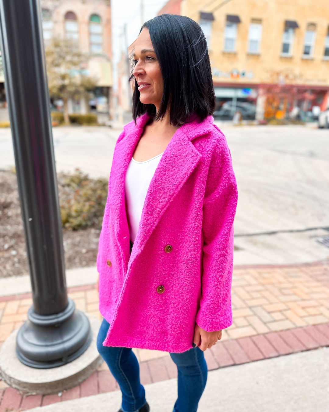 The Alexandria Fleece Teddy Pea Coat in Hot Pink