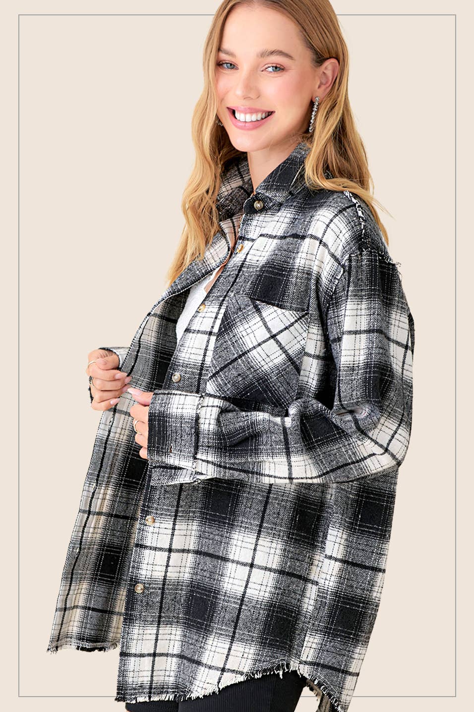 Mineral Washed Button Down Soft Fabric Plaid Shirt in Ivory & Black