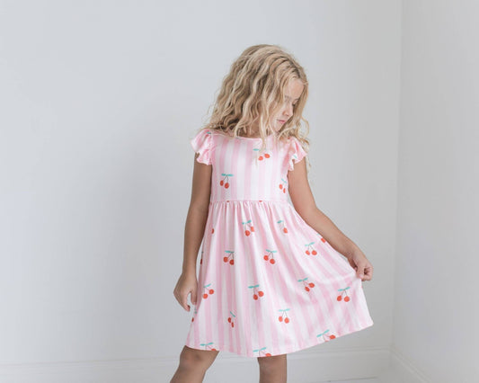 Claire Pink Stripe Cherry Dress
