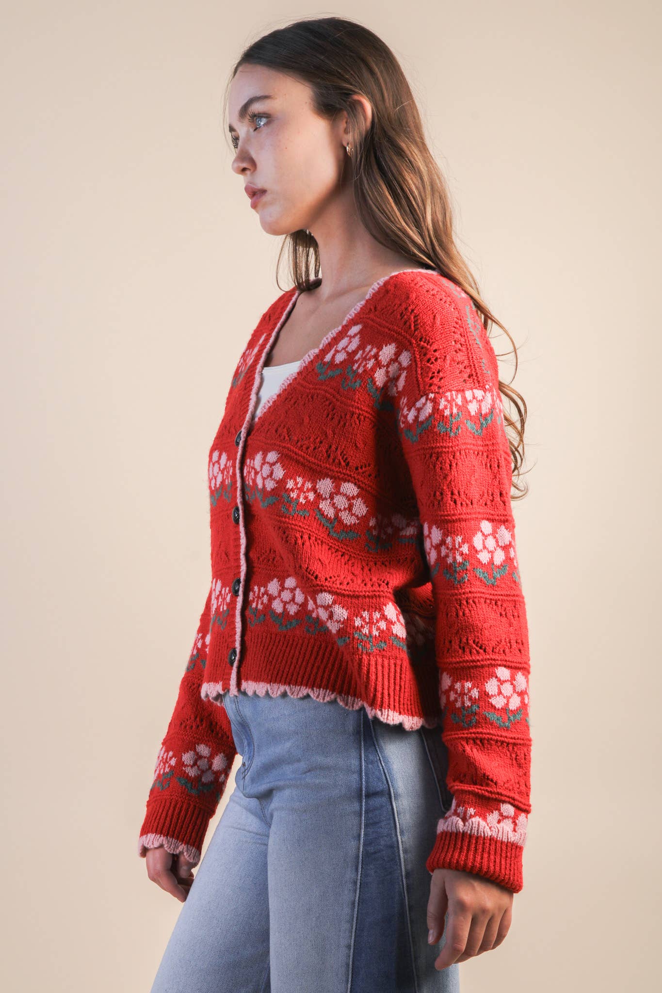 Floral Knit Sweater Cardigan in Red