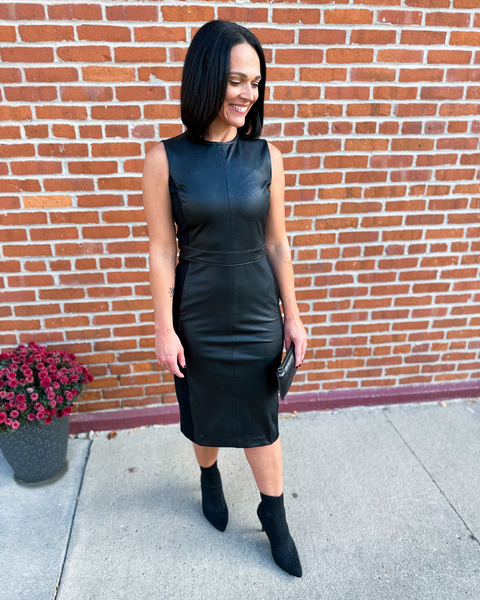 Spanx Womens Leather Like Sleeveless Mixed Media Sheath Dress In Black