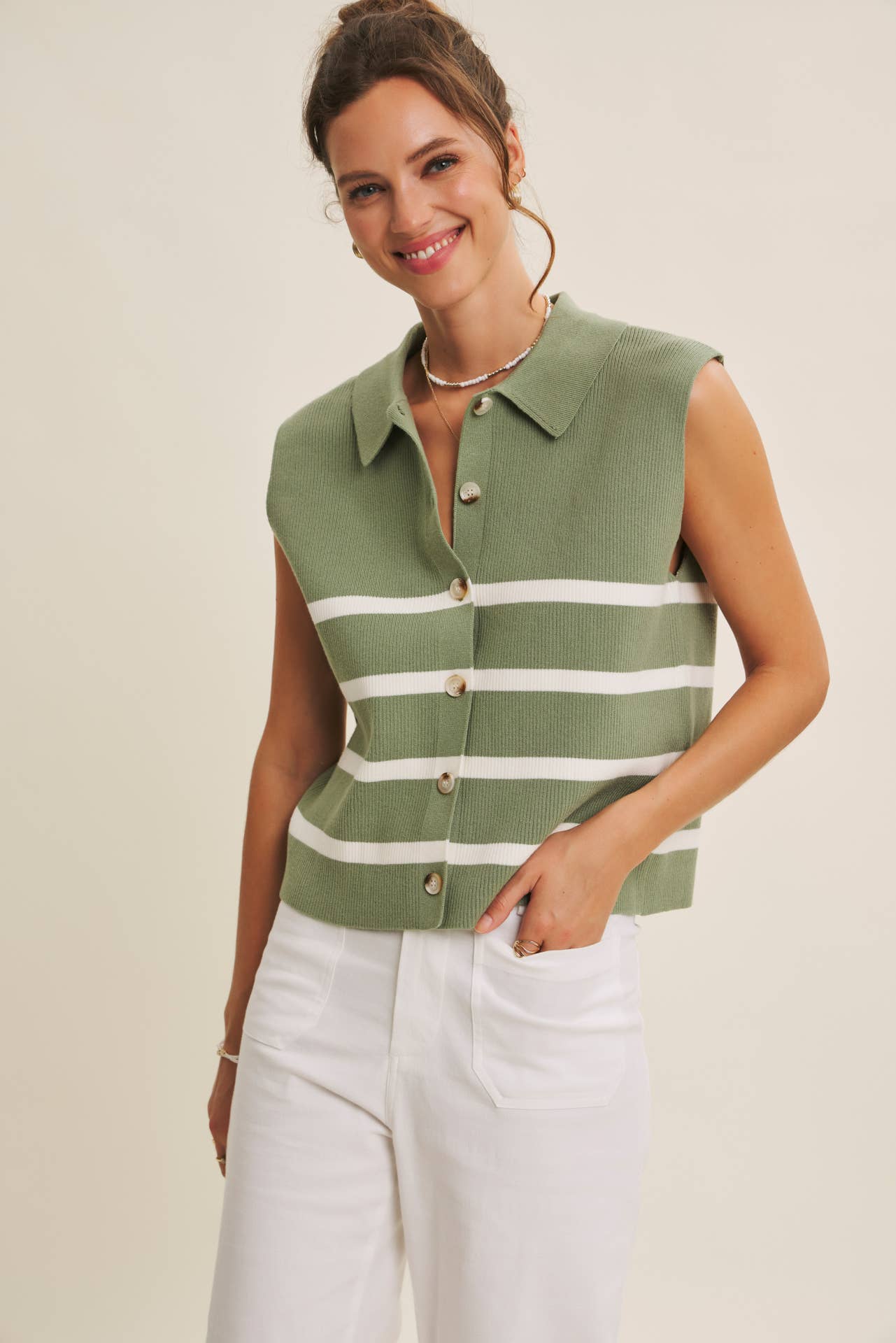 Ruth Button Down Sweater Vest in Stone Green