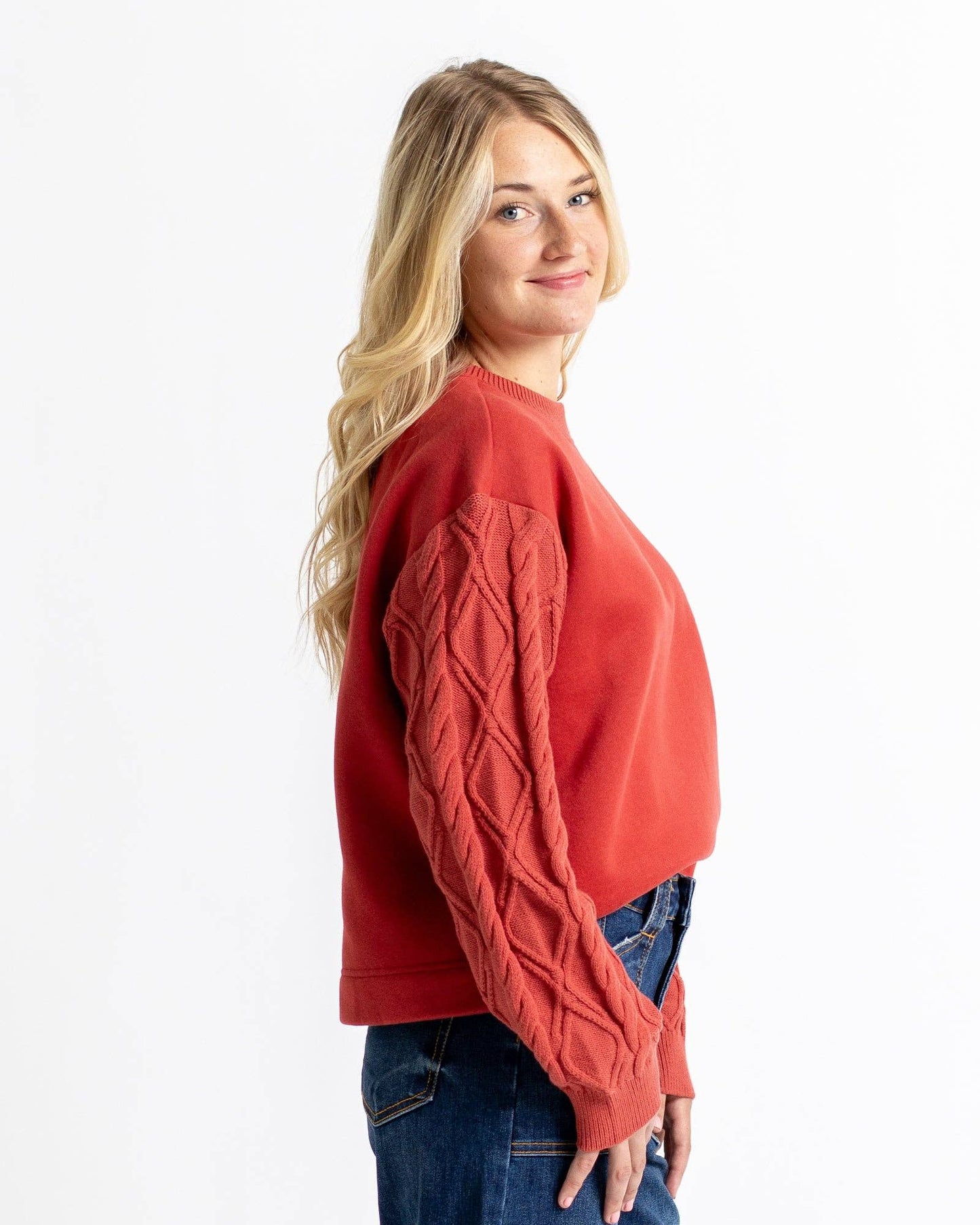 Cable Burnt Orange Crewneck Pullover Sweater by Downeast