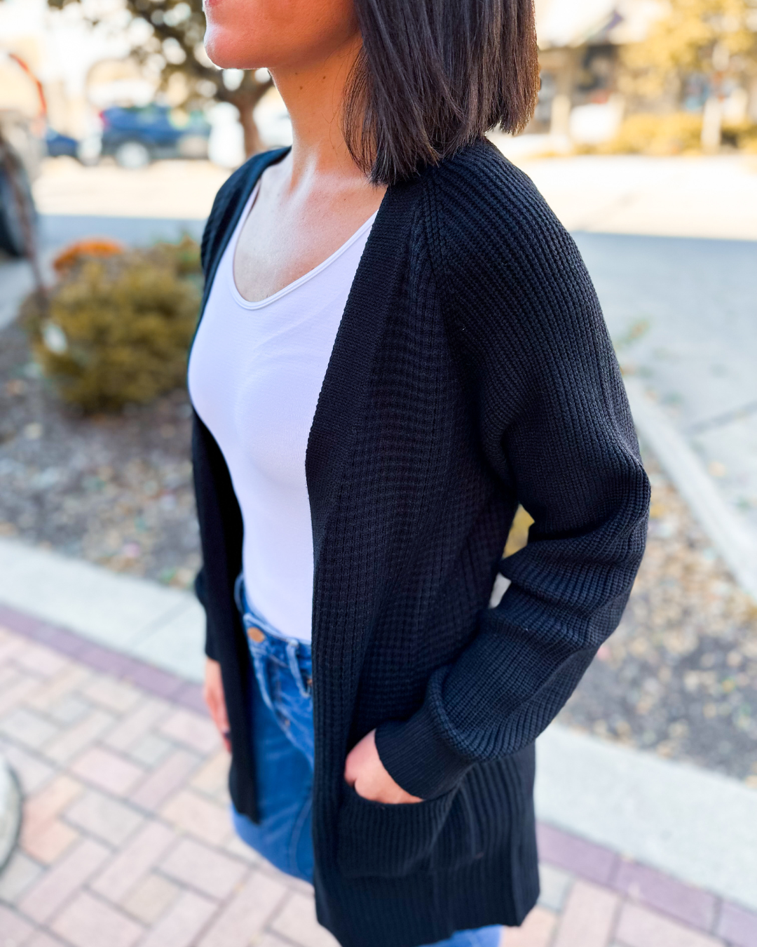 Helena Rib Knit Open Cardigan with Pockets in Black