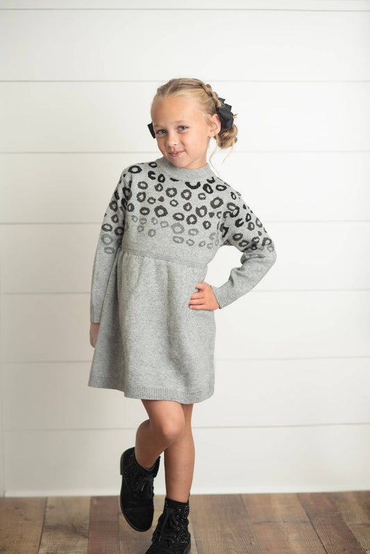 Gray & Black Leopard Print Long Sleeve Sweater Dress - youth size