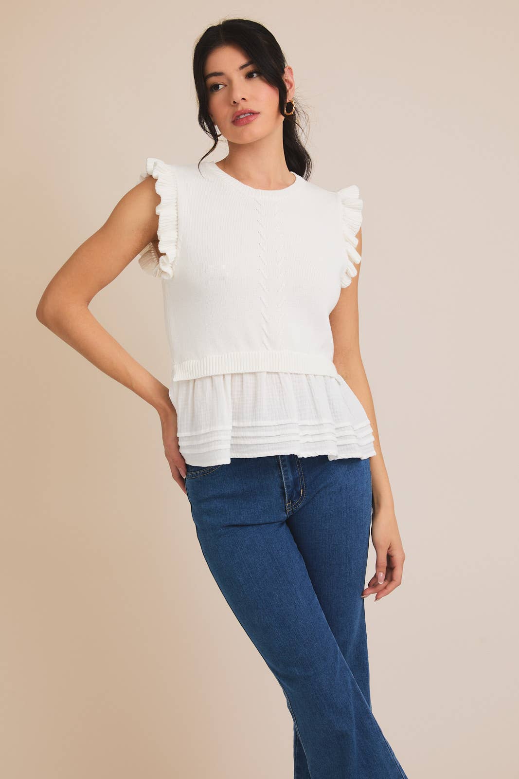 Ayla Round Neck Ruffle Sleeve Top in white