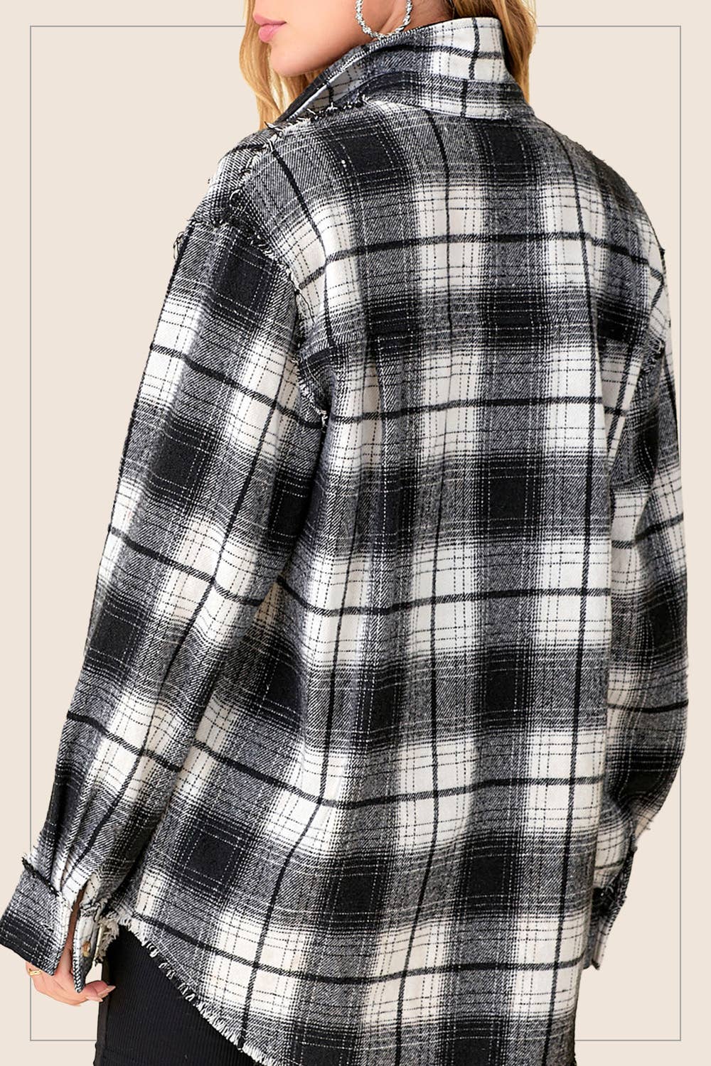 Mineral Washed Button Down Soft Fabric Plaid Shirt in Ivory & Black