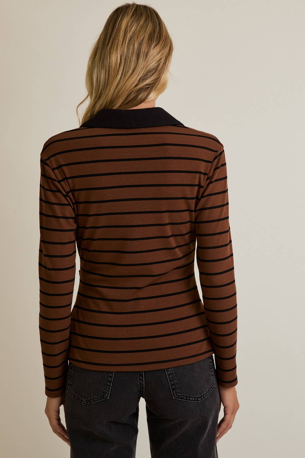 Long Sleeve Strip Polo Top in Black and Brown