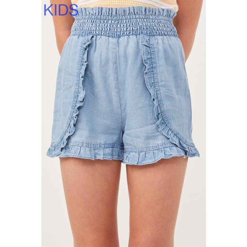 Girls Tencel Smocked Waist Ruffled Shorts in Light Denim