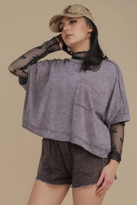 The Sabrina Mineral Washed Knit Top in Black