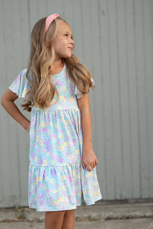 Emmy Purple Pastel Floral Flutter Sleeve Twirl Dress
