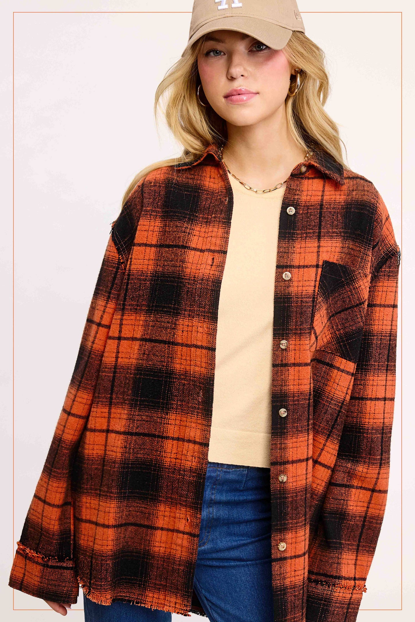 Mineral Washed Button Down Soft Fabric Plaid Shirts in Ginger & Black