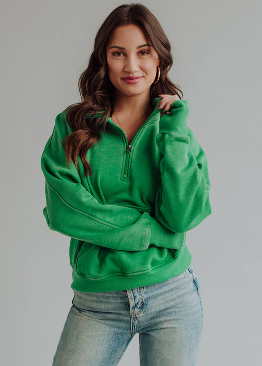 Val Quarter Zip Sweatshirt in Green by Panache Apparel Co