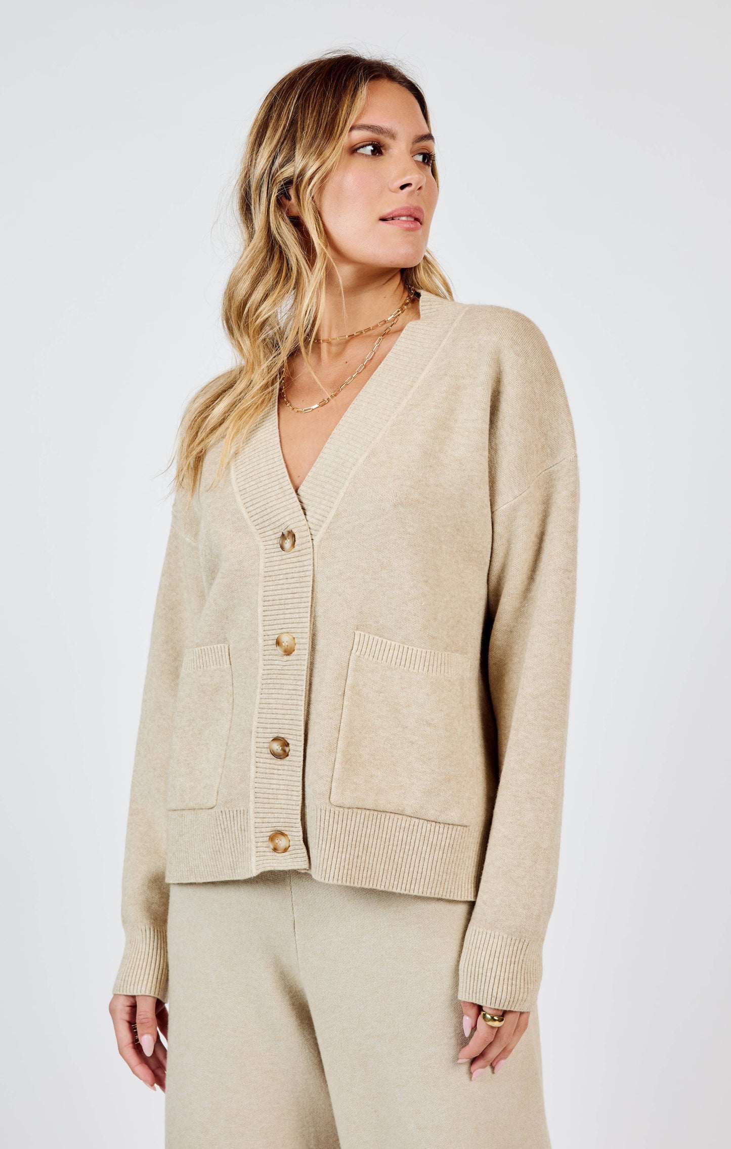 Kelsie Button Front Cardigan in Stone